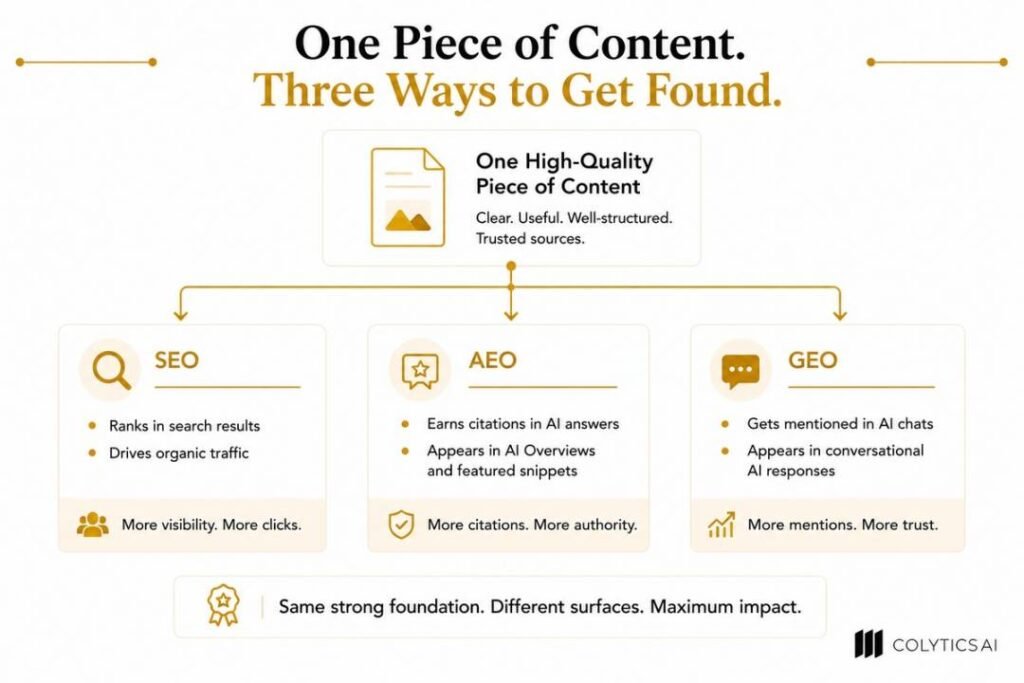 An illustration of how AEO, SEO, and GEO can work together