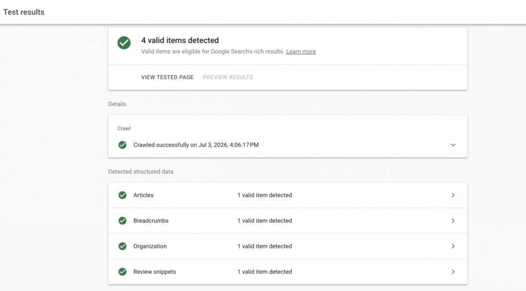 A screenshot of Google’s test results to find structured data